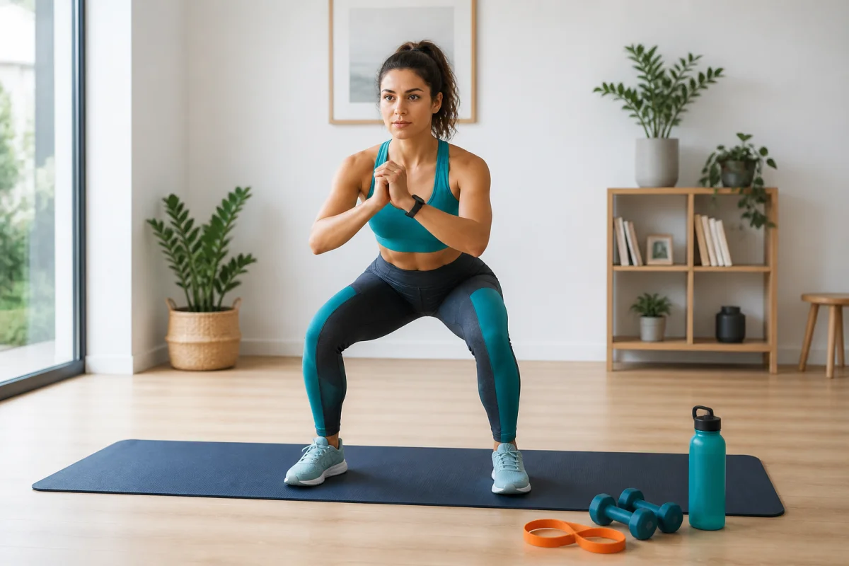 Adulte en tenue turquoise réalisant un squat contrôlé à domicile avec tapis, élastique et haltères légers