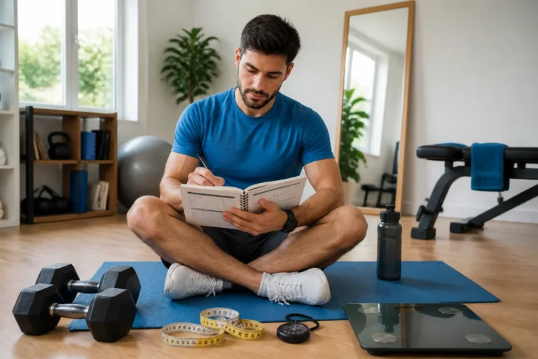 Programme de perte de poids et musculation : sportif prenant des notes après l’entraînement.