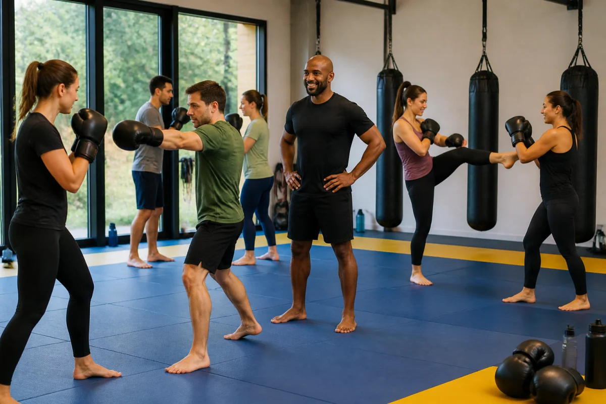 Groupe d’adultes s’entraînant au Punch Club de Clères, encadré par un coach dans une salle moderne de sports de combat