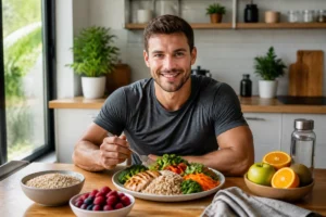 Sportif préparant un repas équilibré riche en protéines pour optimiser la récupération musculaire après entraînement