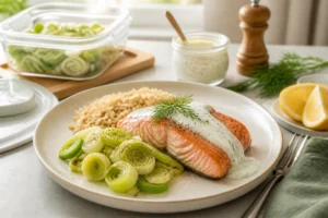 Saumon rôti, poireaux fondants, riz complet et sauce citron-aneth pour planifier ses repas protéinés à la semaine