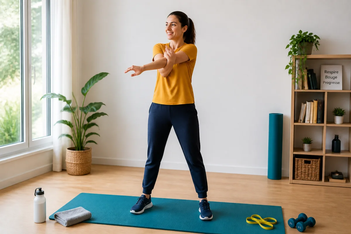 Adulte débutant reprenant le sport à la maison avec échauffement, renforcement doux et étirements sur tapis bleu pétrole