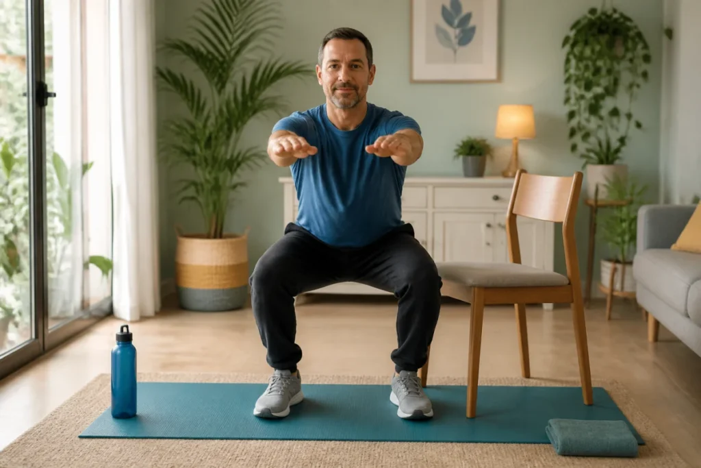 Reprise douce du sport à la maison : débutant réalisant un squat assisté sur tapis, avec chaise et bouteille d’eau.