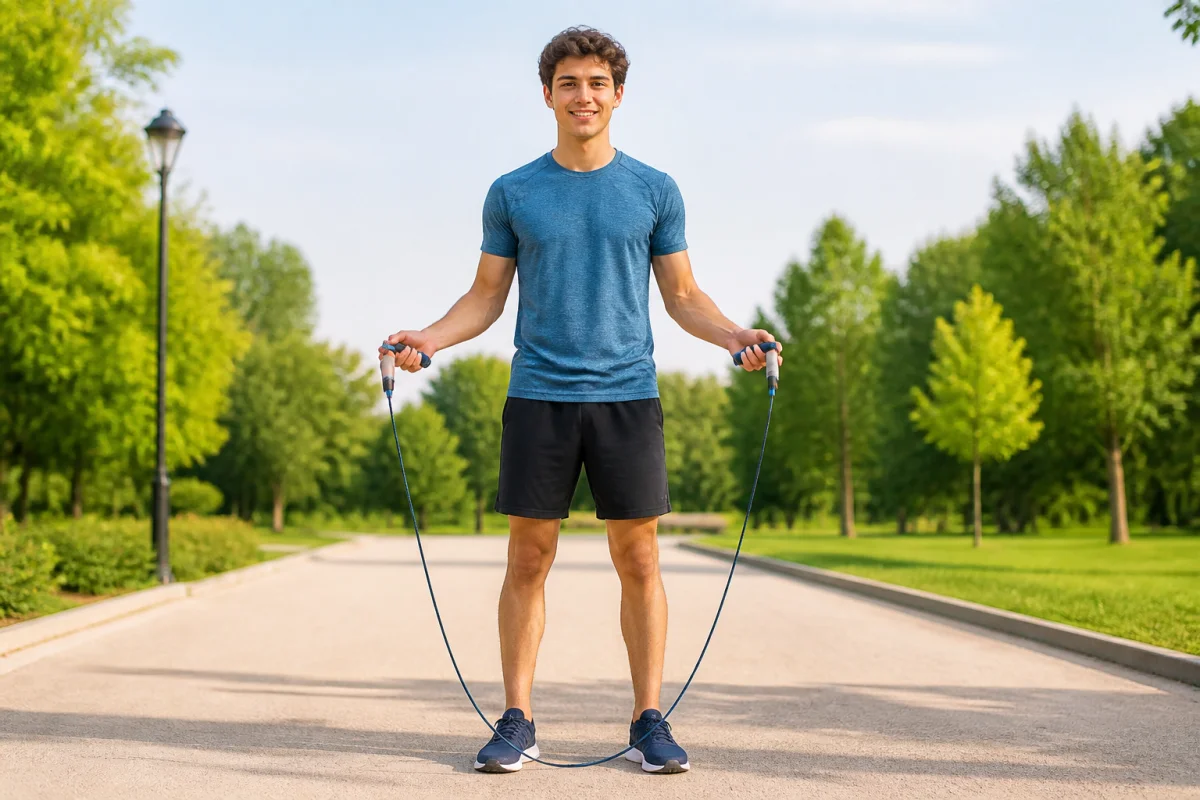 Débutant souriant tenant une corde à sauter réglable dans un parc, prêt à commencer son entraînement.