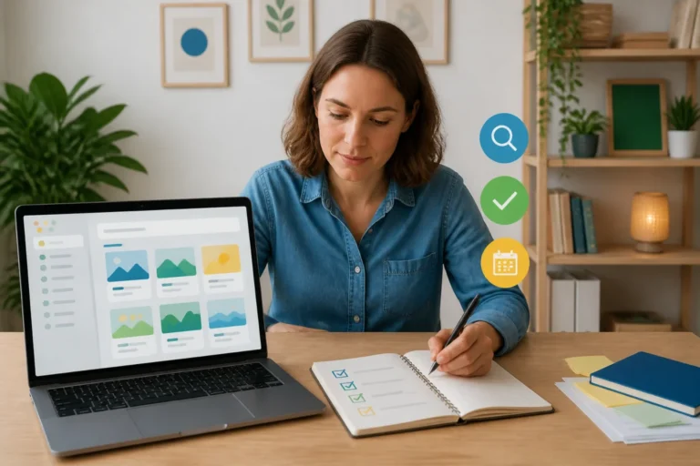 Personne consultant Slingshot sur ordinateur, carnet ouvert avec trois actions cochées dans un espace de travail lumineux