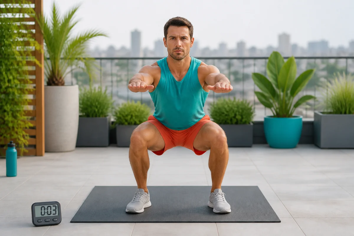 Adulte athlétique réalisant un squat contrôlé au poids du corps sur une terrasse végétalisée, sans matériel热久久精品