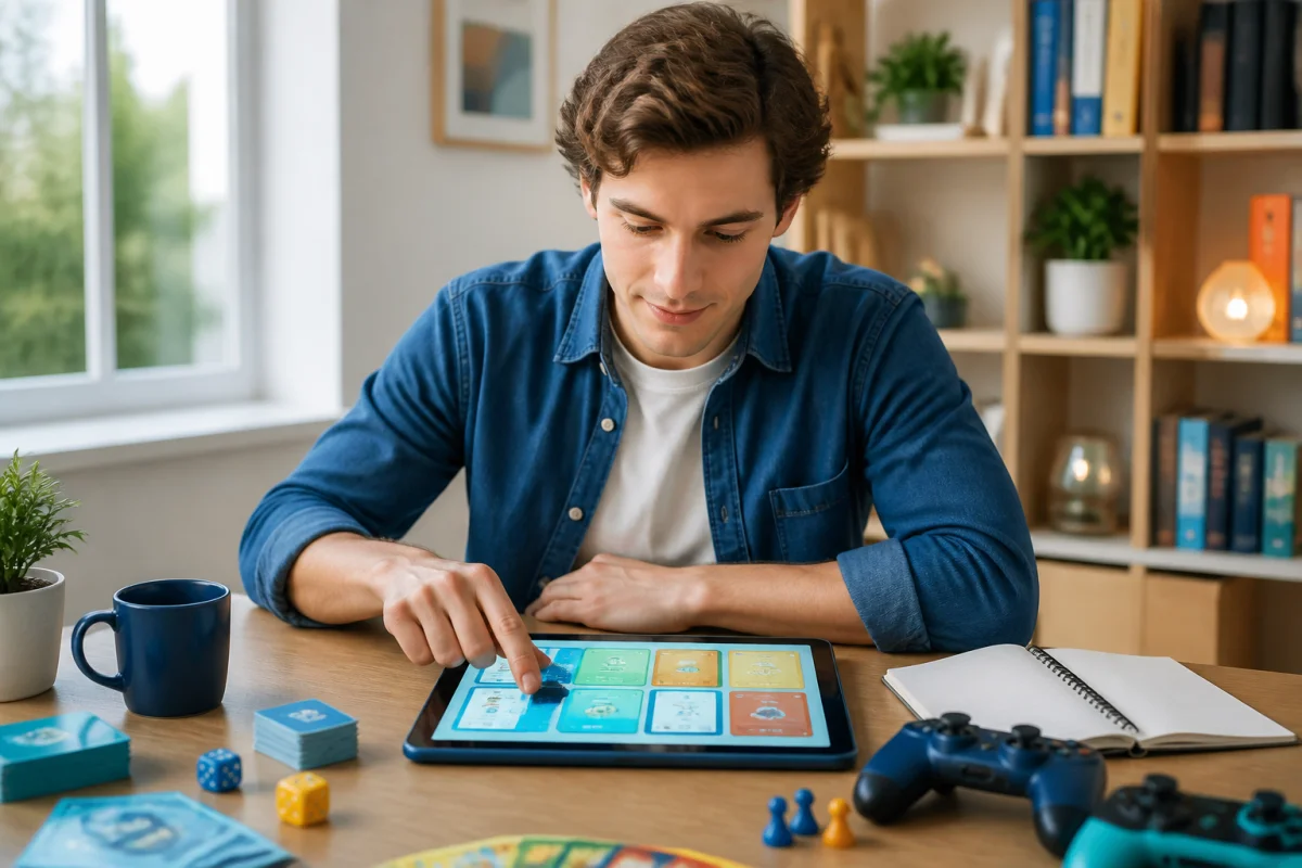 Personne consultant sur tablette le guide Trigames, avec fiches de découverte de jeux dans un espace de travail lumineux