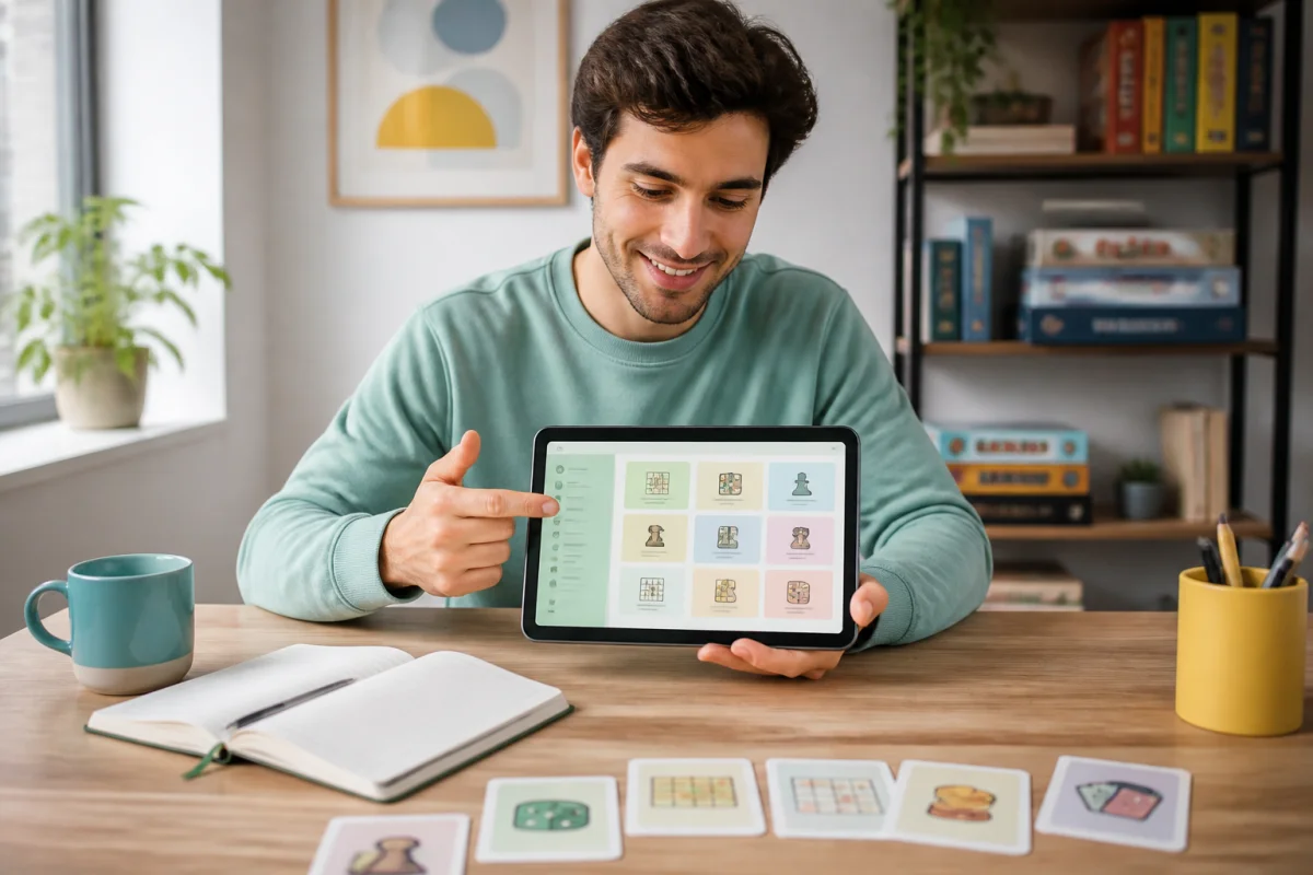 Jeune adulte consultant un guide Trigames sur une tablette, entouré d’idées de jeux organisées dans un bureau lumineux